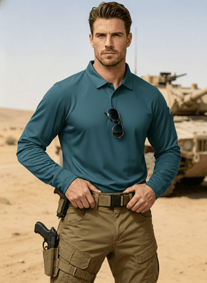TACVASEN Blue Green Long Sleeve Quick Dry Tactical Performance Polo Shirt