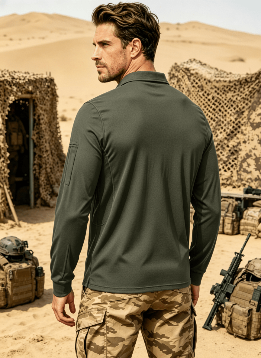 TACVASEN Army Green Long Sleeve Quick Dry Tactical Performance Polo Shirt