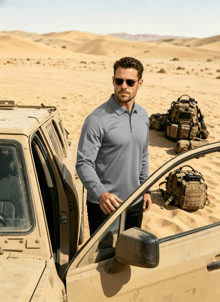 TACVASEN Light Grey Long Sleeve Quick Dry Tactical Performance Polo Shirt