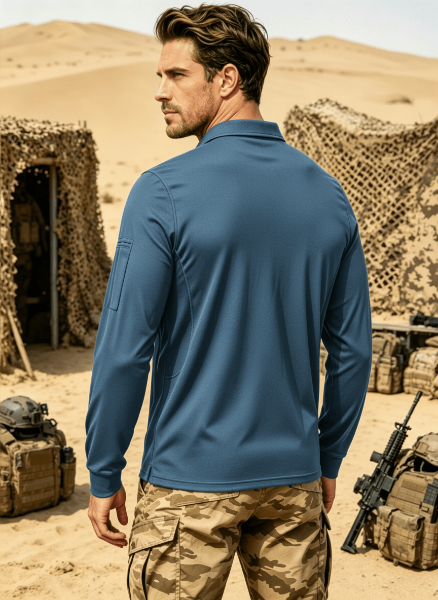 TACVASEN Blue Green Long Sleeve Quick Dry Tactical Performance Polo Shirt