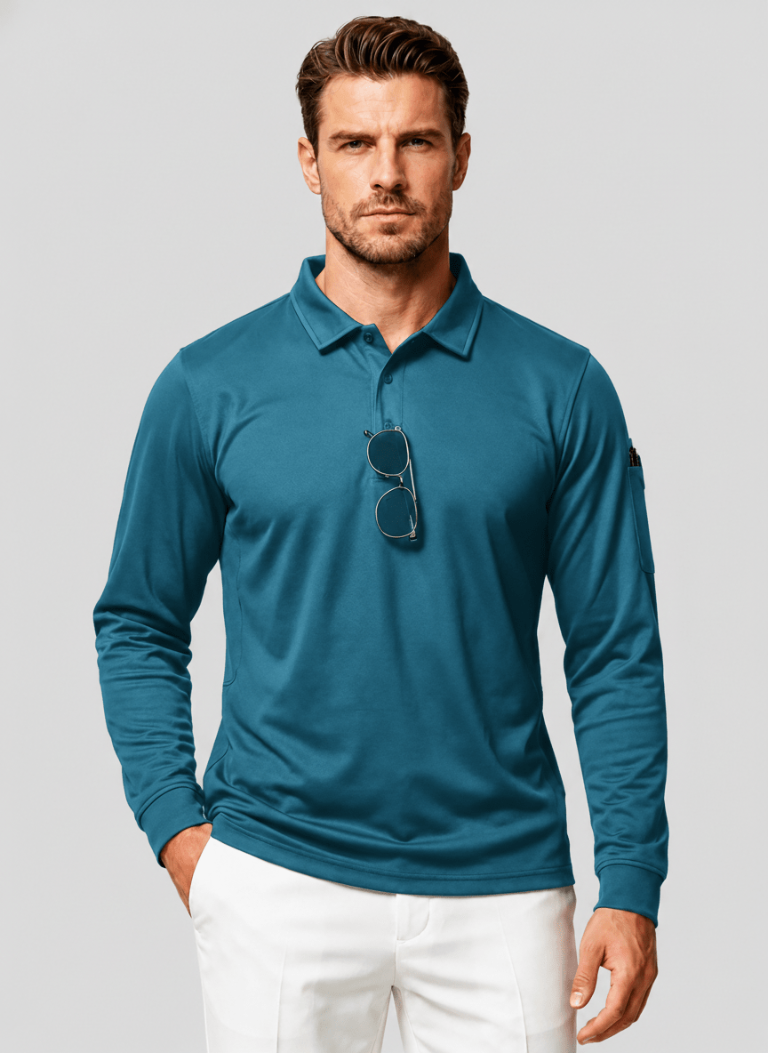 TACVASEN Blue Green Long Sleeve Quick Dry Tactical Performance Polo Shirt