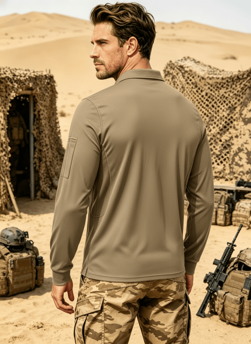 TACVASEN Coyote Brown Long Sleeve Quick Dry Tactical Performance Polo Shirt