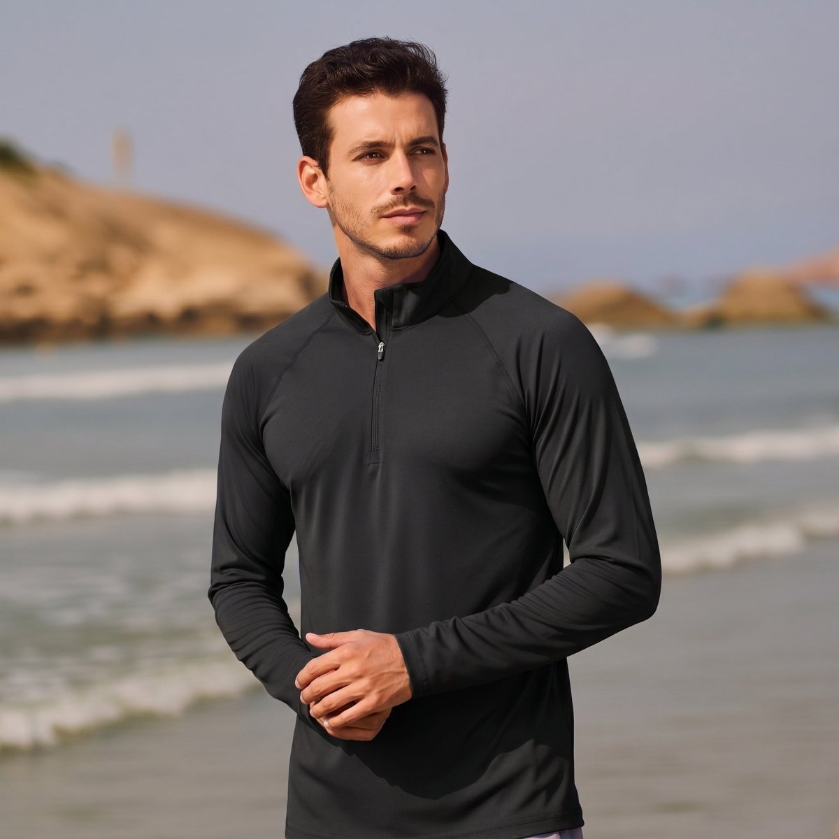 TACVASEN Black Long Sleeve Sun Shirt UPF 50+ Zip Fishing Running Rashguard