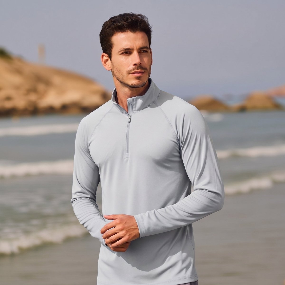 TACVASEN Light Grey Long Sleeve Sun Shirt UPF 50+ Zip Fishing Running Rashguard