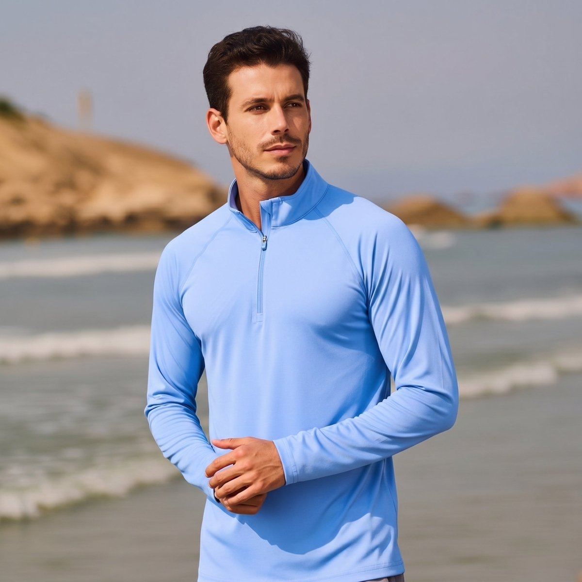 TACVASEN Waterfall Blue Long Sleeve Sun Shirt UPF 50+ Zip Fishing Running Rashguard