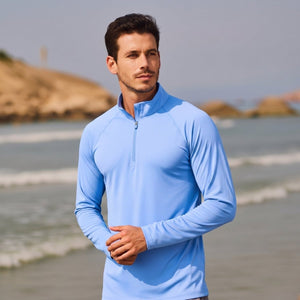 TACVASEN Waterfall Blue Long Sleeve Sun Shirt UPF 50+ Zip Fishing Running Rashguard