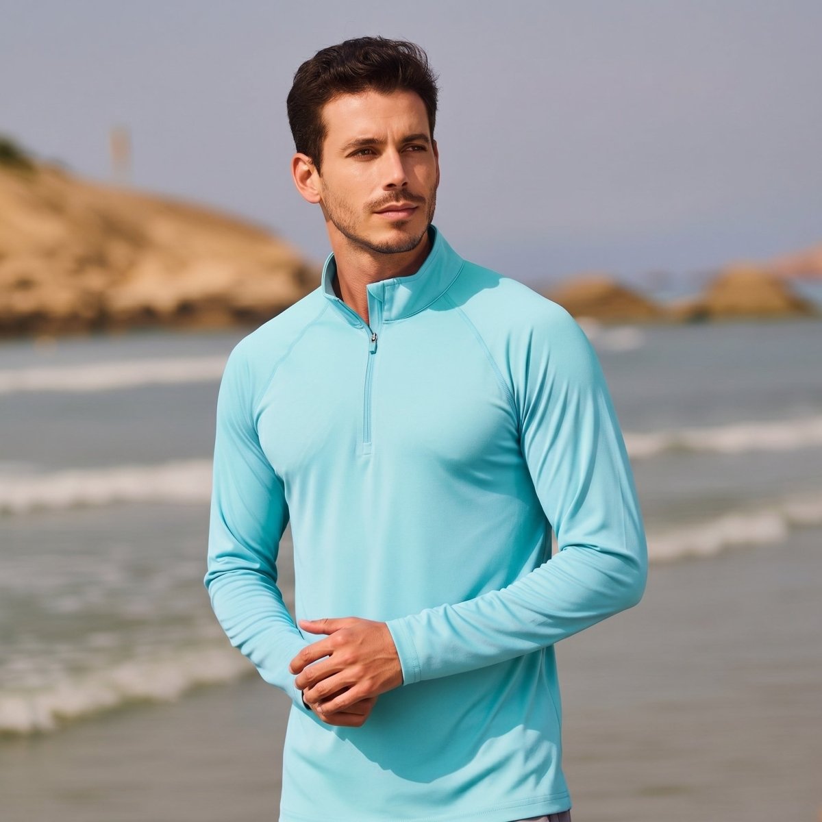 TACVASEN Lake Blue Long Sleeve Sun Shirt UPF 50+ Zip Fishing Running Rashguard