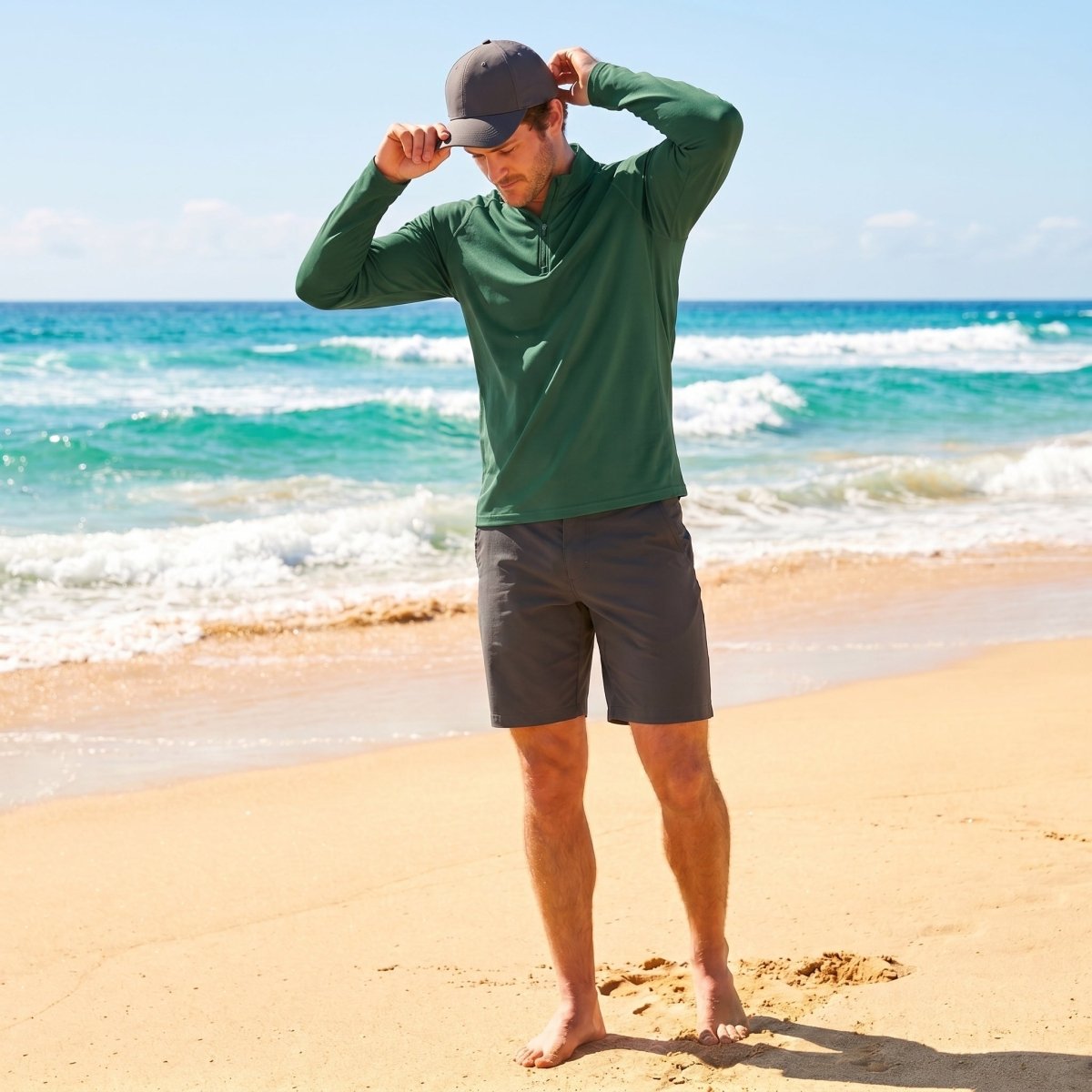 TACVASEN Dark Green Long Sleeve Sun Shirt UPF 50+ Zip Fishing Running Rashguard
