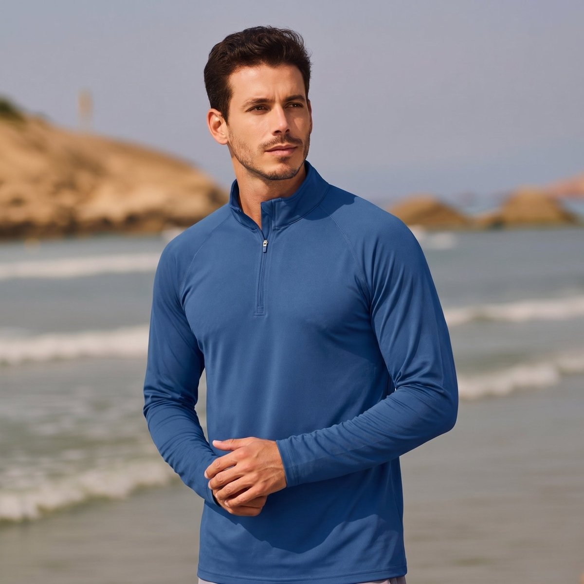TACVASEN Blue Grey Long Sleeve Sun Shirt UPF 50+ Zip Fishing Running Rashguard