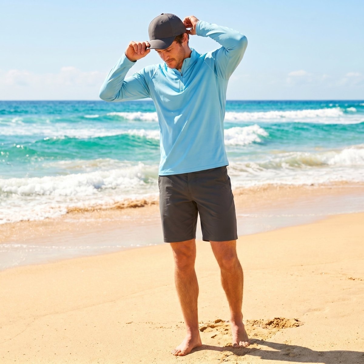 TACVASEN Light Blue Long Sleeve Sun Shirt UPF 50+ Zip Fishing Running Rashguard