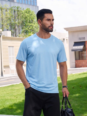 TACVASEN Waterfall Blue Men Plain Cotton Moisture Wicking Casual T-Shirts