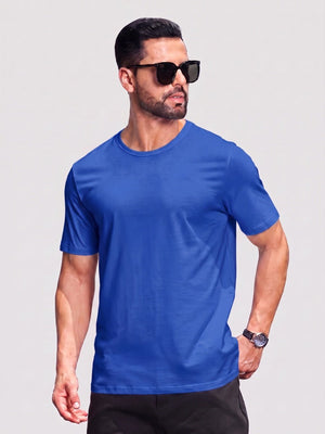 TACVASEN Bright Blue Men Plain Cotton Moisture Wicking Casual T-Shirts