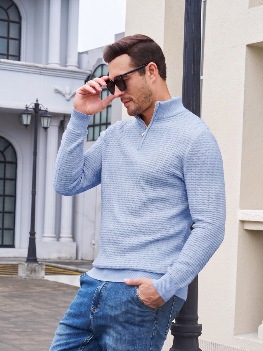 TACVASEN Light Blue Men's 1/4 Zipper Pullover Knitted Textured Sweater