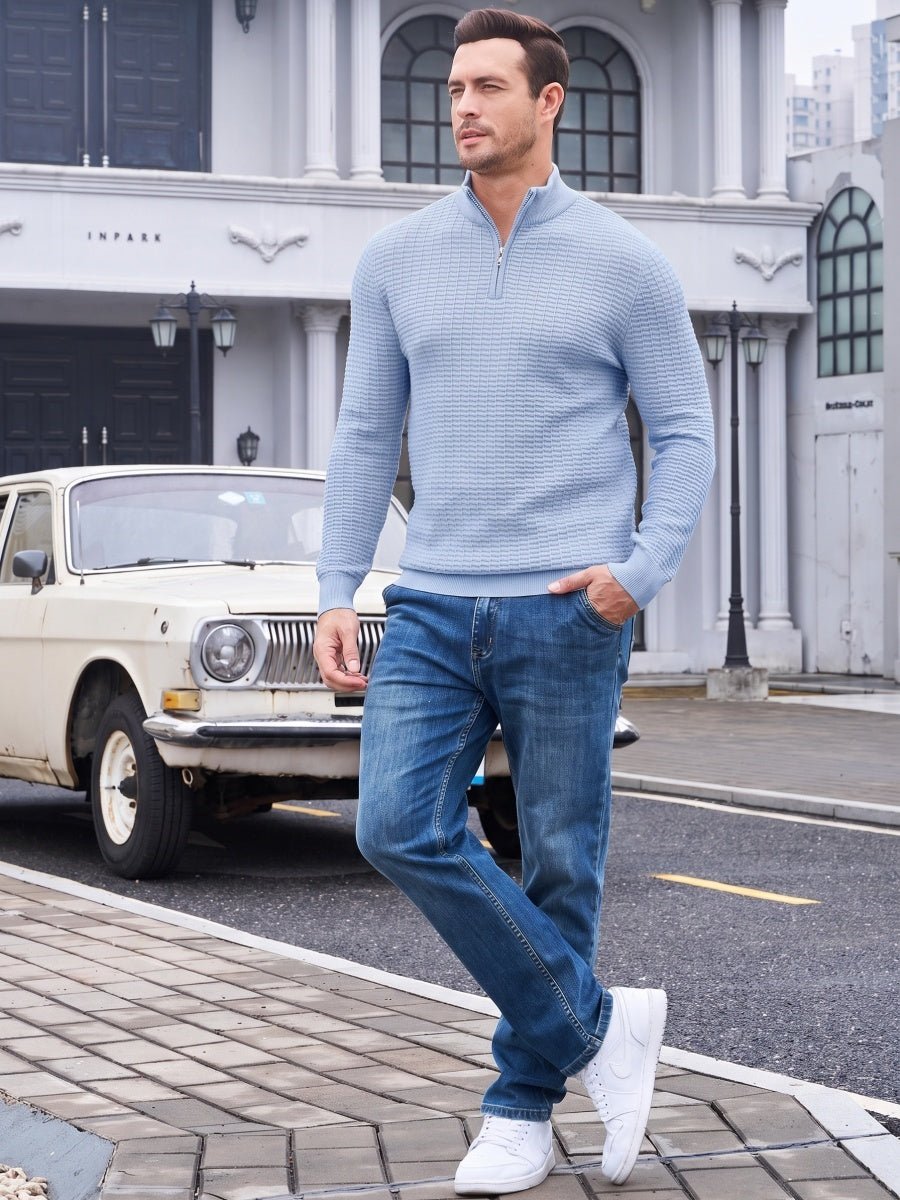 TACVASEN Light Blue Men's 1/4 Zipper Pullover Knitted Textured Sweater