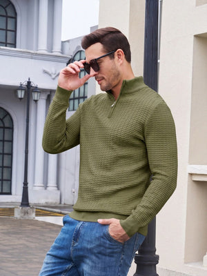 TACVASEN Army Green Men's 1/4 Zipper Pullover Knitted Textured Sweater