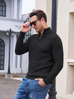 TACVASEN Black Men's 1/4 Zipper Pullover Knitted Textured Sweater