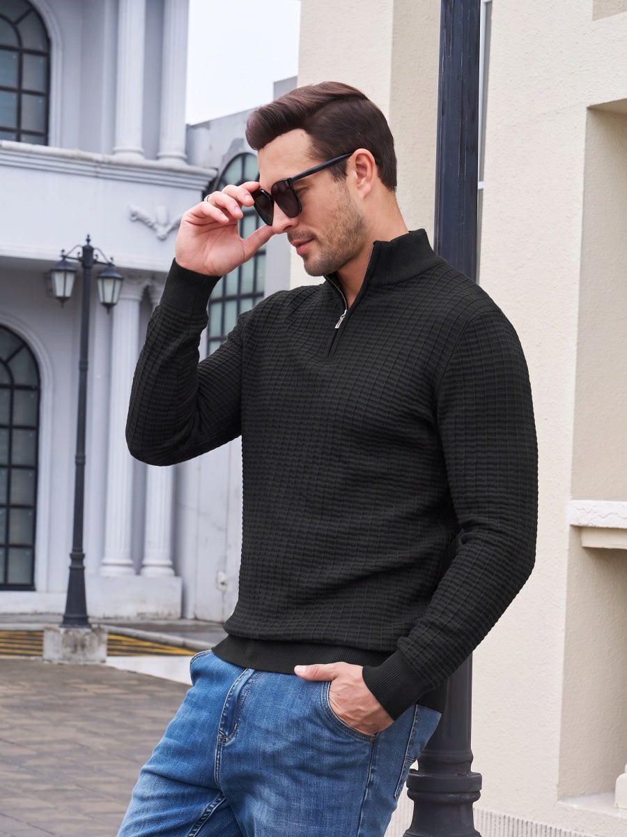 TACVASEN Black Men's 1/4 Zipper Pullover Knitted Textured Sweater