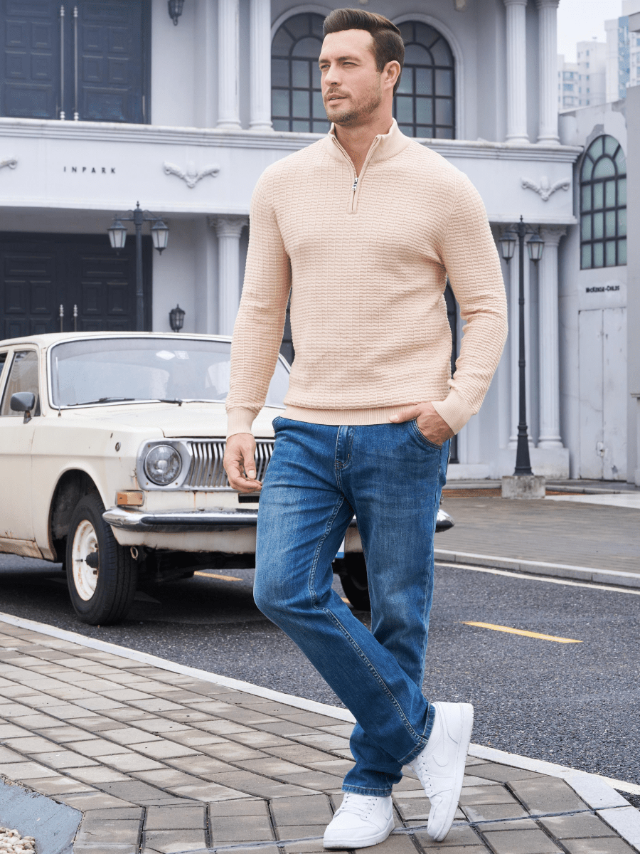 TACVASEN Apricot Men's 1/4 Zipper Pullover Knitted Textured Sweater