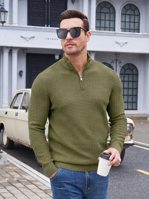 TACVASEN Army Green Men's 1/4 Zipper Pullover Knitted Textured Sweater