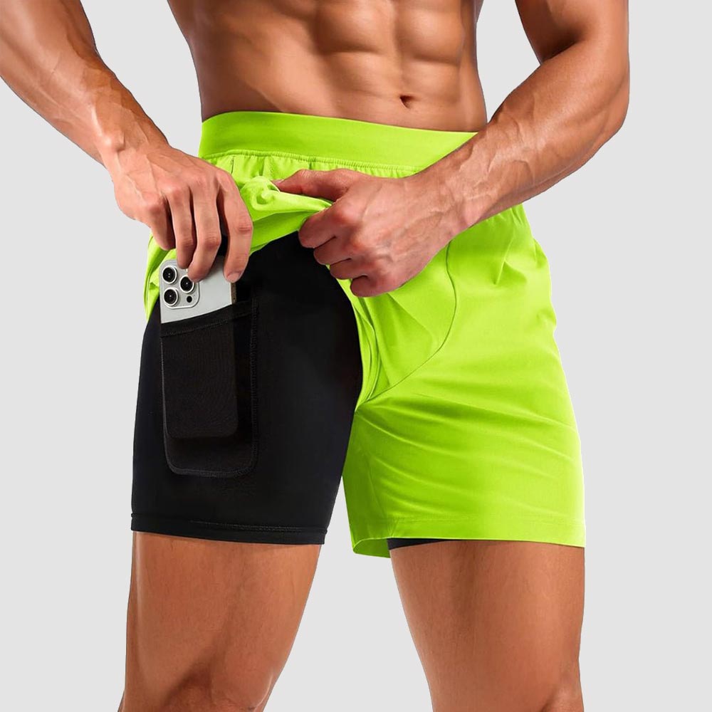 TACVASEN Fluorescent Green Men's 2 in 1 Quick Dry Running Shorts with Pockets
