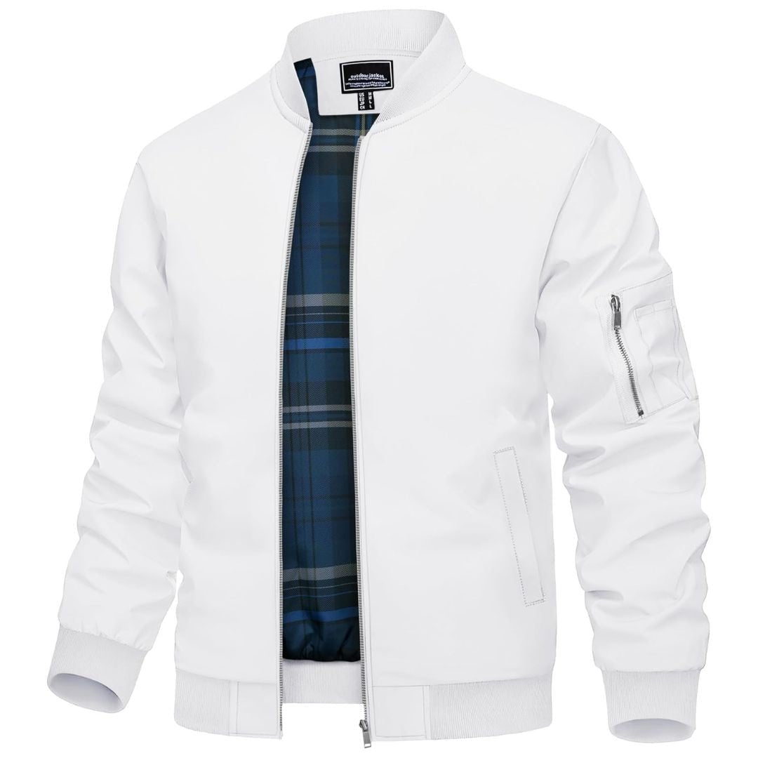 TACVASEN White Men's Bomber Jacket Lightweight Windbreaker Plaid Lined
