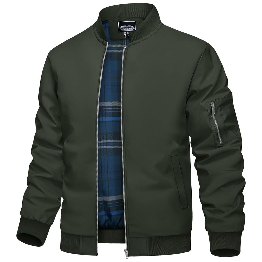 TACVASEN Army Green Men's Bomber Jacket Lightweight Windbreaker Plaid Lined