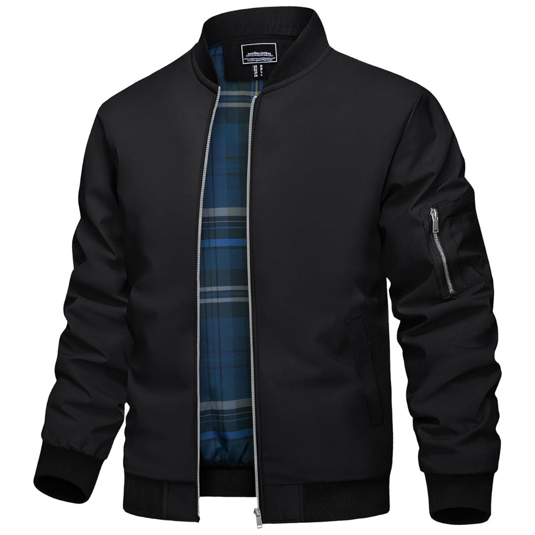 TACVASEN Black Men's Bomber Jacket Lightweight Windbreaker Plaid Lined
