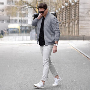 TACVASEN Light Grey Vintage Bomber Flight Jacket Zip - Pocket