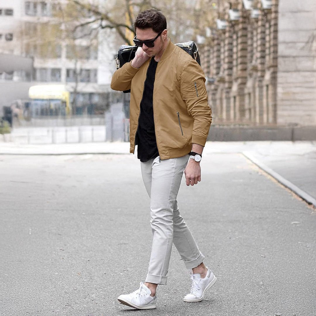 TACVASEN Khaki Vintage Bomber Flight Jacket Zip - Pocket