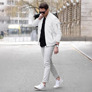 TACVASEN White Vintage Bomber Flight Jacket Zip - Pocket