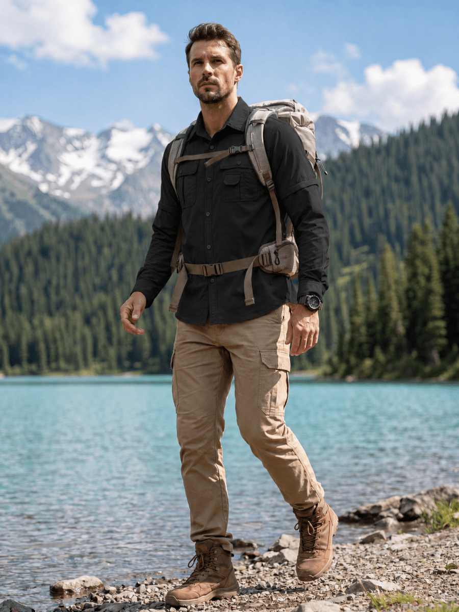 TACVASEN Black Men's Breathable Quick-Dry Convertible Outdoor Shirt