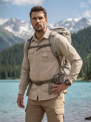 TACVASEN Khaki Men's Breathable Quick-Dry Convertible Outdoor Shirt