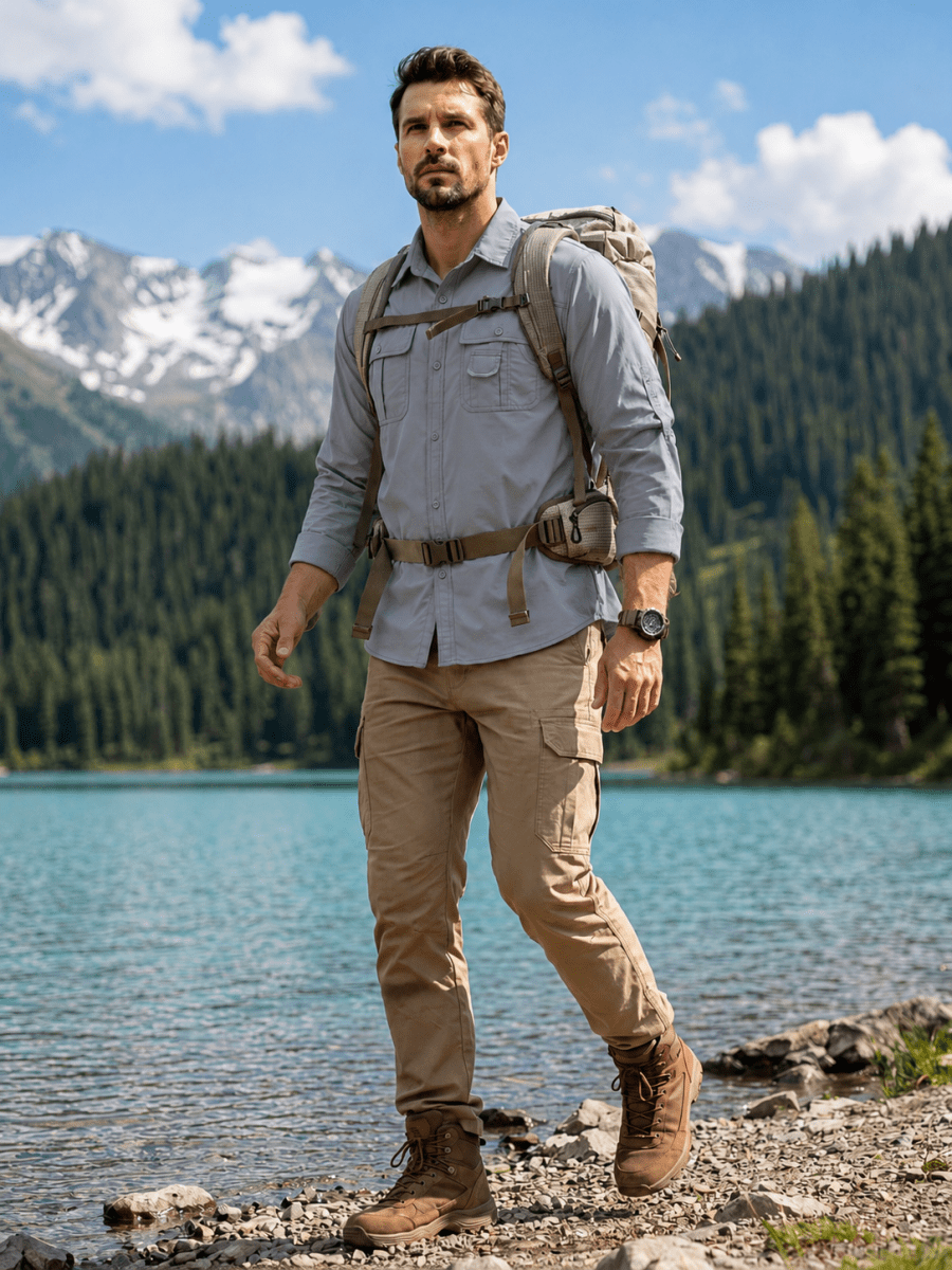 TACVASEN Light Grey Men's Breathable Quick-Dry Convertible Outdoor Shirt