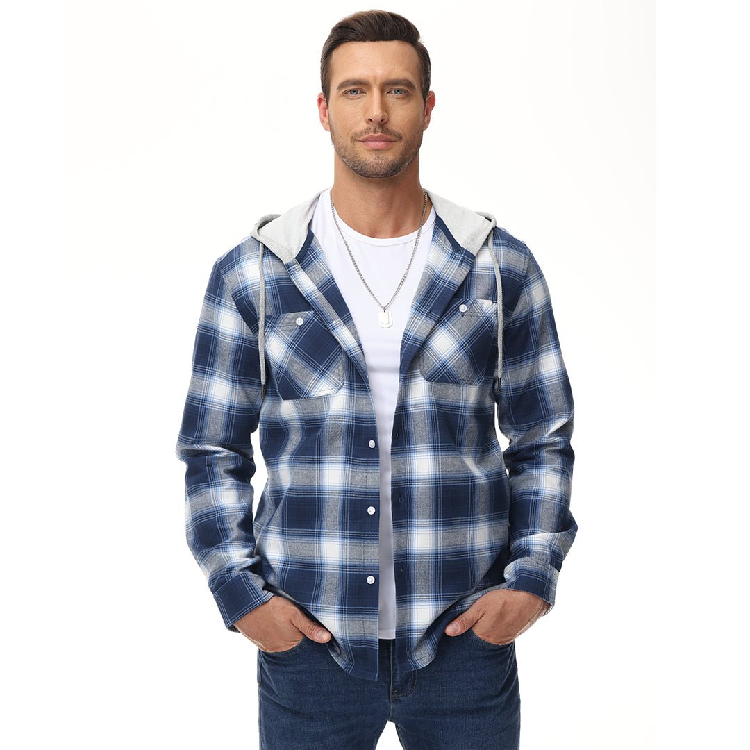 TACVASEN Blue White Men's Buffalo Plaid Hooded Casual Shirt Jacket