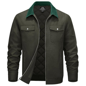 TACVASEN Green Men's Casual Corduroy Collar 5 Pockets Cotton Cargo Jackets