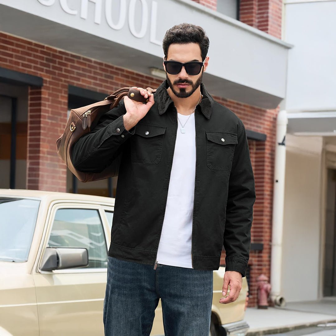 TACVASEN Black Men's Casual Corduroy Collar 5 Pockets Cotton Cargo Jackets