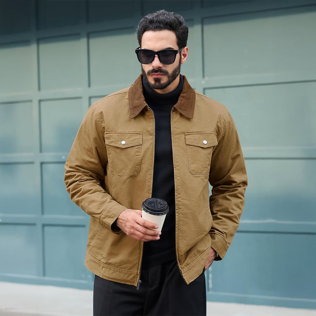 TACVASEN Khaki Men's Casual Corduroy Collar 5 Pockets Cotton Cargo Jackets