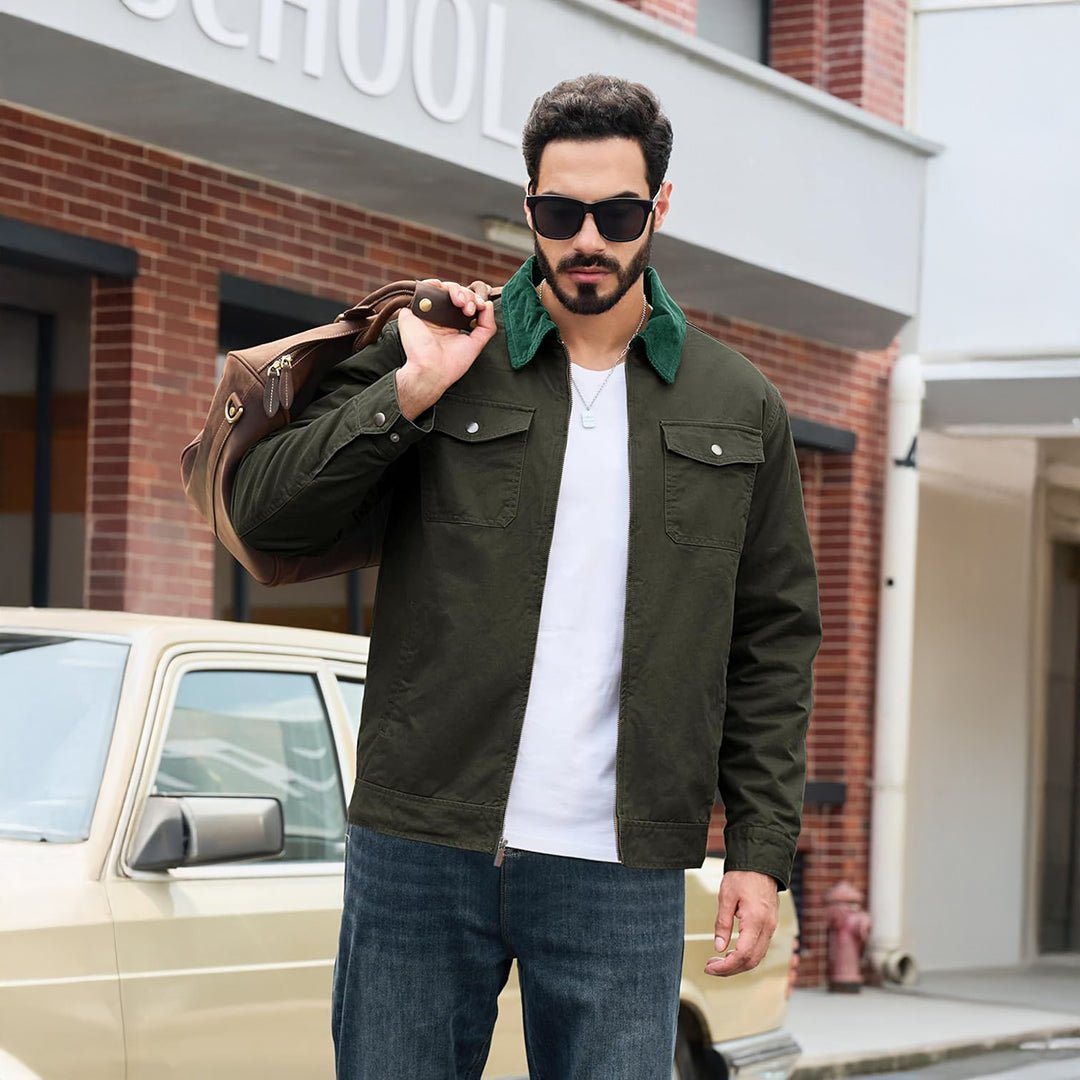 TACVASEN Khaki Men's Casual Corduroy Collar 5 Pockets Cotton Cargo Jackets