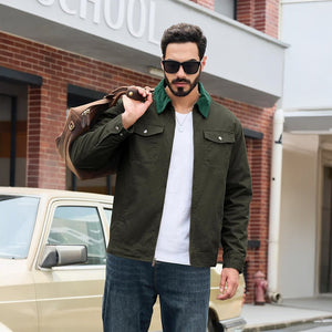 TACVASEN Khaki Men's Casual Corduroy Collar 5 Pockets Cotton Cargo Jackets