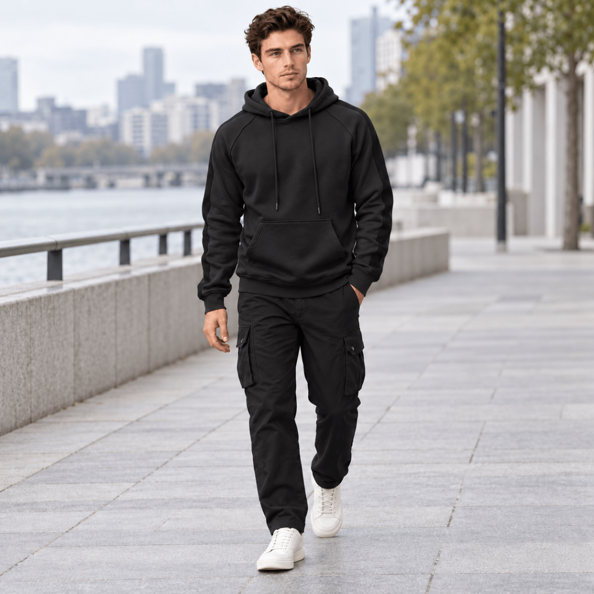 TACVASEN Black Men's Casual Cotton Soft Stretch Fleece Blend Hoodie