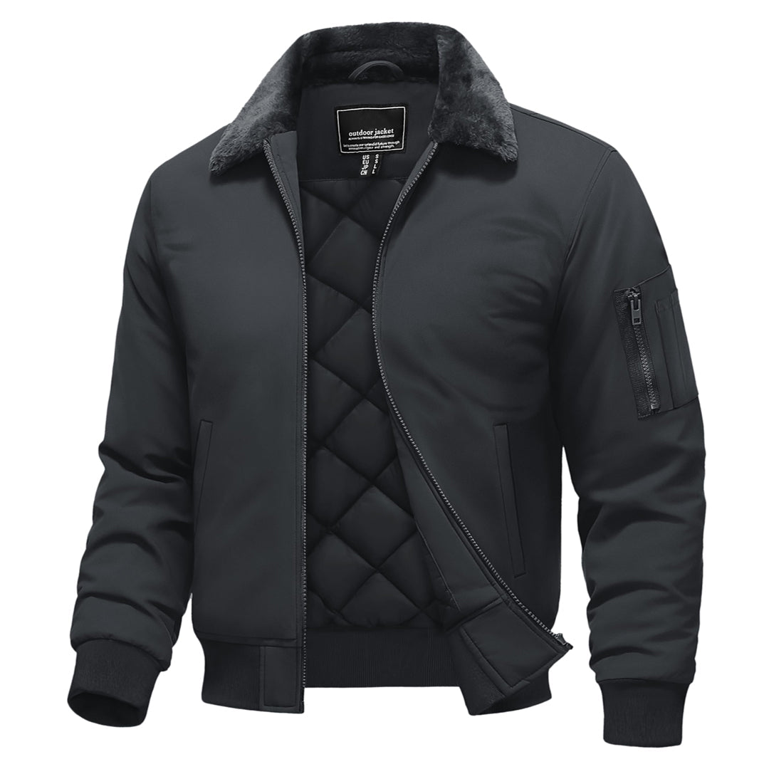 TACVASEN Dark Grey Casual Fleece Waterproof Bomber Jacket with Fur