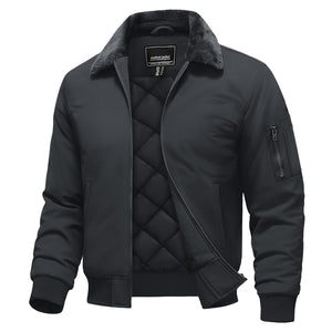 TACVASEN Dark Grey Casual Fleece Waterproof Bomber Jacket with Fur