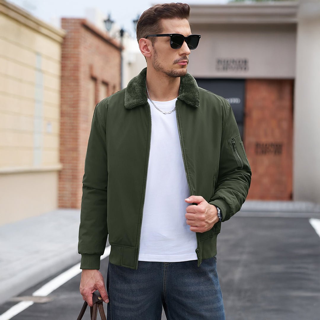 TACVASEN Green Casual Fleece Waterproof Bomber Jacket with Fur