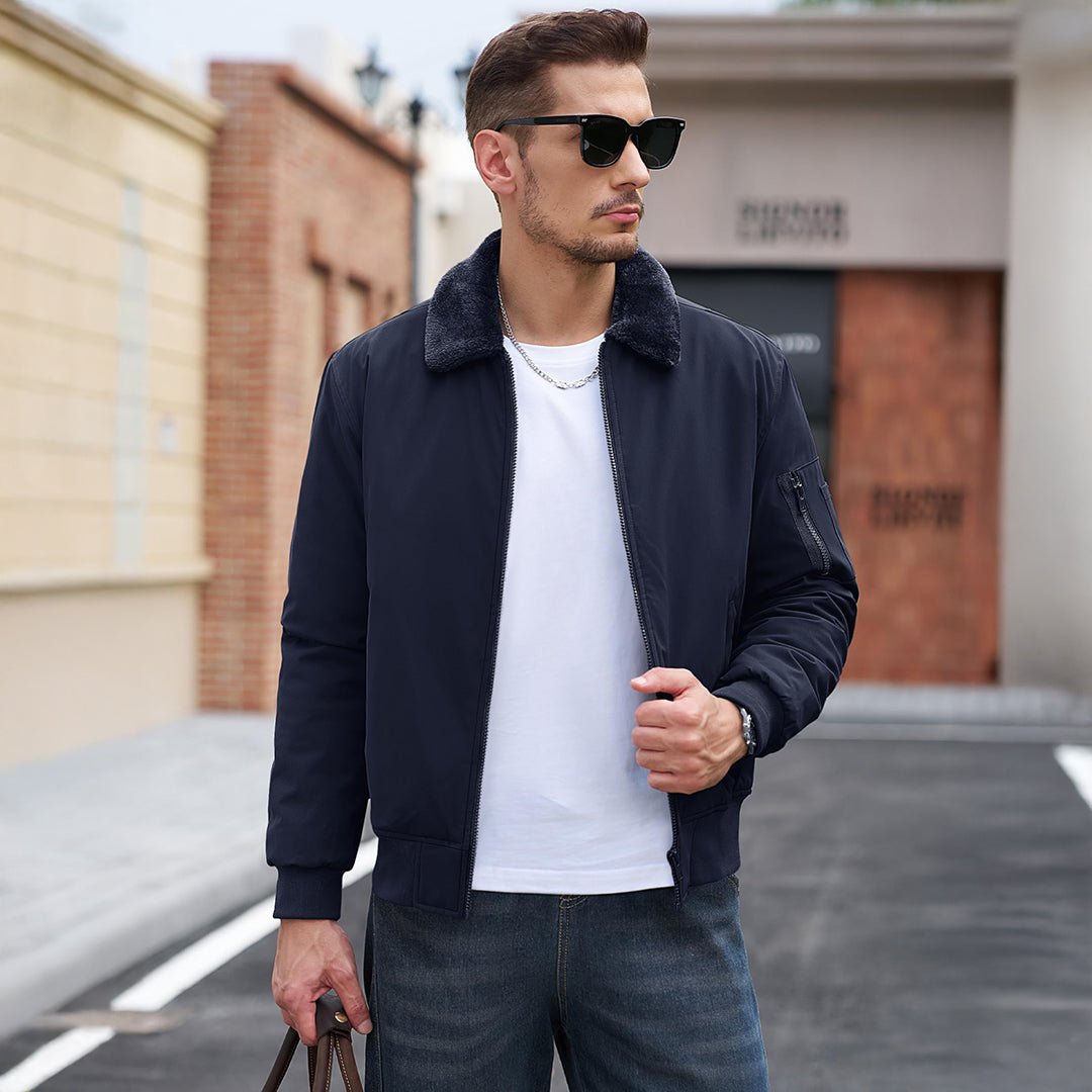 TACVASEN Navy Casual Fleece Waterproof Bomber Jacket with Fur
