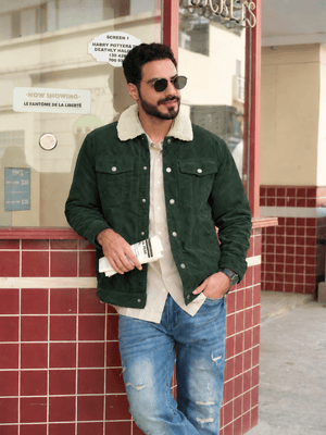 TACVASEN Forest Green Men's Corduroy Jacket Sherpa Lined Warm Winter Coat Cargo Jacket