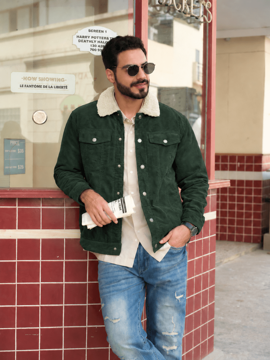 TACVASEN Forest Green Men's Corduroy Jacket Sherpa Lined Warm Winter Coat Cargo Jacket
