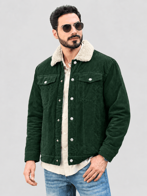 TACVASEN Forest Green Men's Corduroy Jacket Sherpa Lined Warm Winter Coat Cargo Jacket