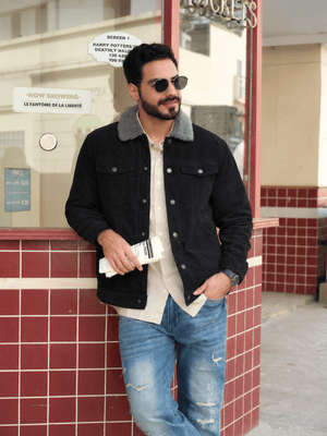 TACVASEN Black Men's Corduroy Jacket Sherpa Lined Warm Winter Coat Cargo Jacket