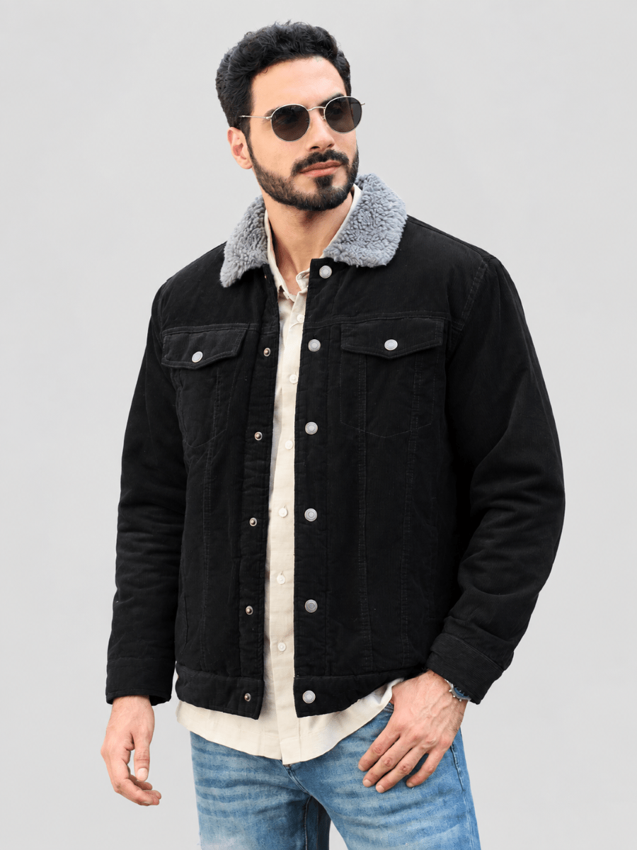TACVASEN Black Men's Corduroy Jacket Sherpa Lined Warm Winter Coat Cargo Jacket