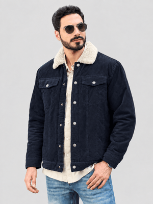 TACVASEN Navy Men's Corduroy Jacket Sherpa Lined Warm Winter Coat Cargo Jacket
